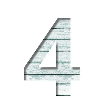 Font on old boards. The digit four, 4 cut out of paper on a rustic wall of old boards with blue...