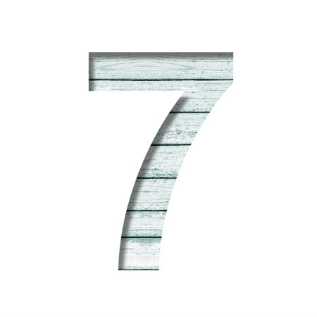 Font on old boards. The digit seven, 7 cut out of paper on a rustic wall of old boards with blue...