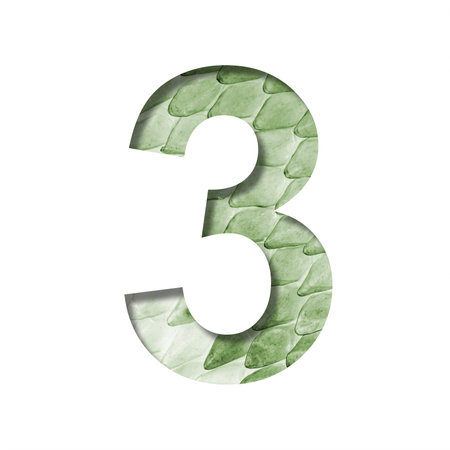 Snake scales font. The digit three, 3 cut out of paper on the background of a green snake skin with...