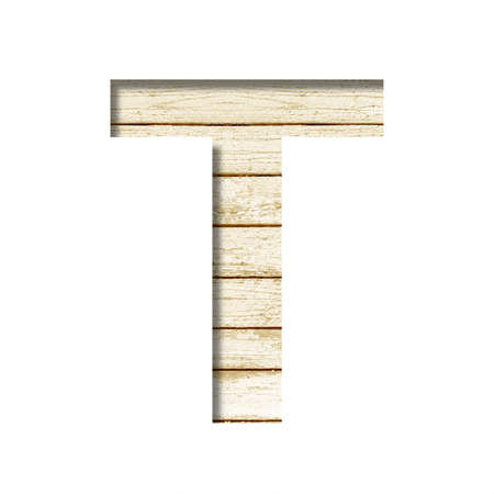 Plank wall font. The letter T cut out of paper on a old plank wall with faded paint. Set of decorative fonts on wood.の写真素材