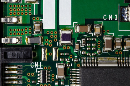 Electronic printed circuit board with microcircuits microprocessors and chips, top view, close-up.