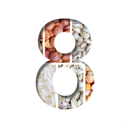 Healthy food font. Digit eight, 8 is cut from white paper on the background of healthy food from different cereals. Set of decorative fonts with foodの写真素材