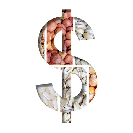Healthy food font. Dollar money business symbol cut from white paper on the background of healthy food from different cereals. Set of decorative fonts with foodの写真素材