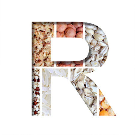 Healthy food font. The letter R is cut from white paper on the background of healthy food from different cereals. Set of decorative fonts with foodの写真素材