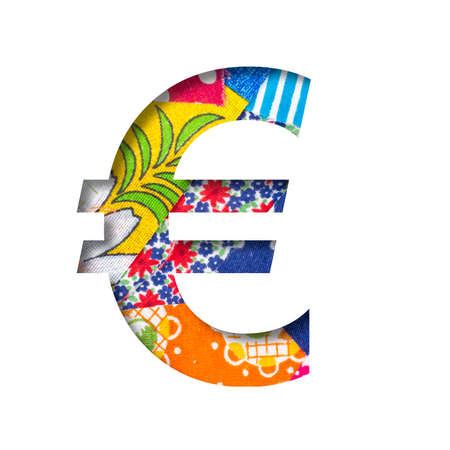 Handicraft or creative font. Euro money business symbol cut out of paper on the background of the texture of pieces of colored fabrics for home creativity or needlework. Set of decorative fonts.の写真素材