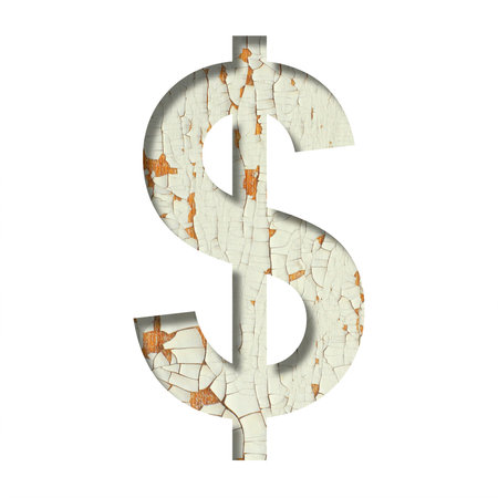 Rustic font. Dollar money business symbol cut out of paper on the background of old rustic wall with peeling paint and cracks. Set of simple decorative fontsの写真素材