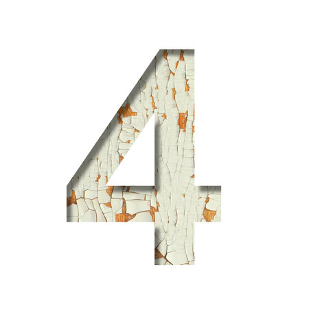 Rustic font. Digit four, 4 cut out of paper on the background of old rustic wall with peeling paint...