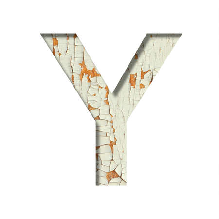 Rustic font. The letter Y cut out of paper on the background of old rustic wall with peeling paint and cracks. Set of simple decorative fontsの写真素材
