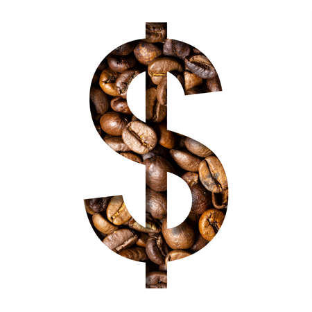Coffee beans font. Dollar money business symbol is cut out of paper on the background of roasted beans of excellent coffee. Set of decorative fonts.の写真素材