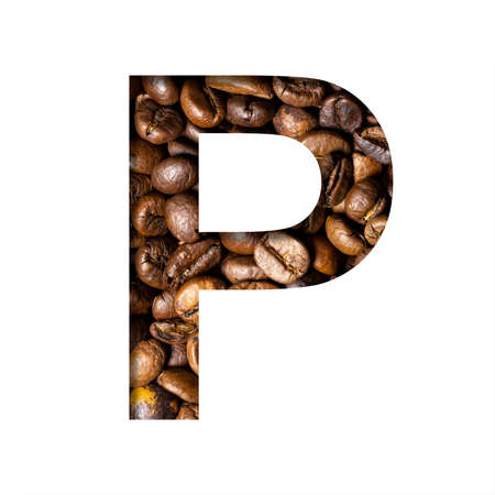 Coffee beans font. The letter P is cut out of paper on the background of roasted beans of excellent coffee. Set of decorative fonts.の写真素材
