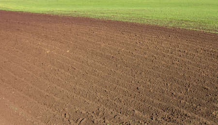 Freshly plowed field as background or backdropの写真素材