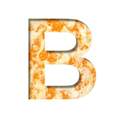 Orange zest font. The letter B cut out of paper on the background of fragrant peel or zest of ripe orange, bright orange color. Decorative food alphabet.の写真素材