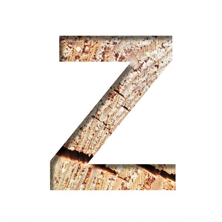 Wood cut font. The letter Z cut out of paper on the background of a cut of a tree with cracks and shavings. Set of decorative natural alphabet fonts.の写真素材