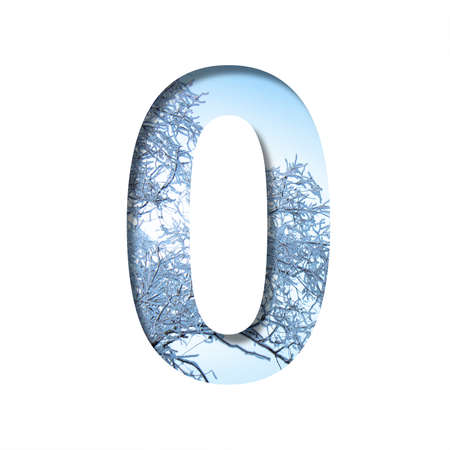 Winter font. Digit zero, 0 cut out of paper on the background of the winter sky and snow-covered tree branches on a frosty winter sunny day. Decorative nature alphabet, font collection.の写真素材