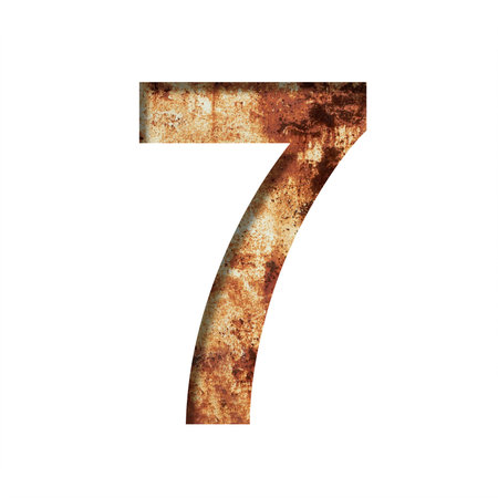 Rusty iron digits. Digit seven, 7 cut out of paper on the background of an old rusty iron sheet with...