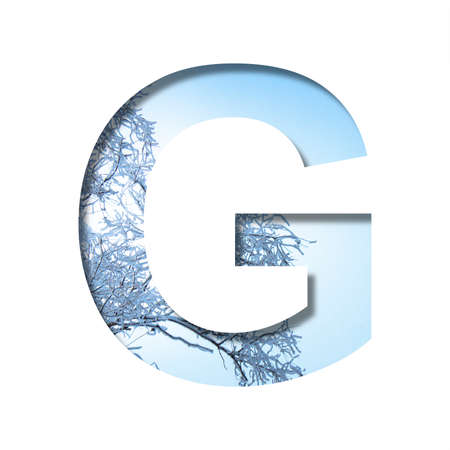 Winter letters. The letter G cut out of paper on the background of the winter sky and snow-covered tree branches on a frosty winter sunny day. Decorative nature alphabet, font collection.の写真素材