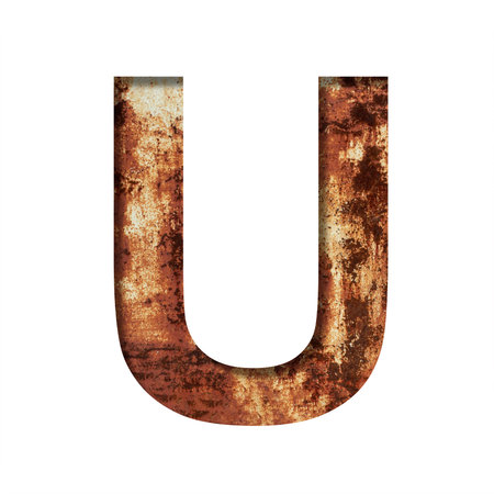 Rusty iron letters. The letter U cut out of paper on the background of an old rusty iron sheet with rust stains and cracks. Decorative alphabet, font collection.の写真素材