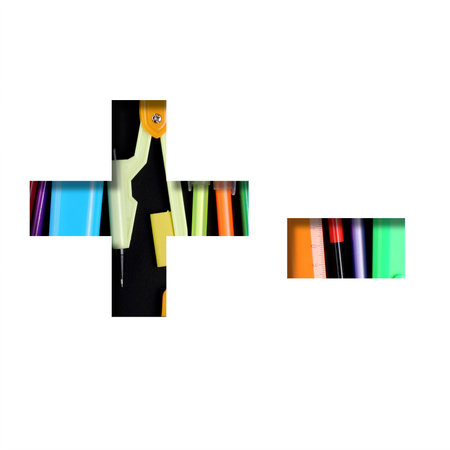 School or office supplies font. Plus and minus signs cut out of paper on a background of a set of...