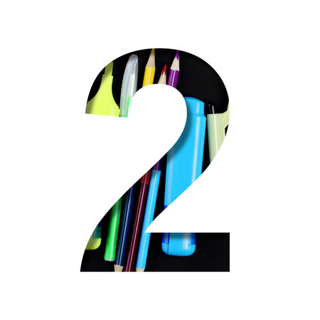 School or office supplies font. Digit two, 2 cut out of paper on a background of a set of stationery...