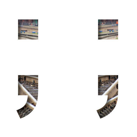 Railway font. Punctuation marks dot and comma is cut out of white paper against the background of railroad rails, mirror background for convenience. Decorative industrial alphabet.の写真素材