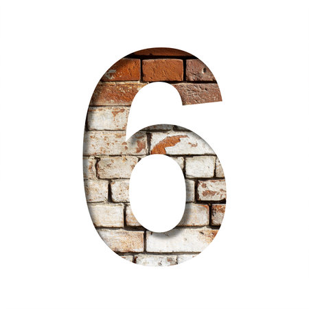 Brick font. Number six, 6 on the background of an old brick wall with peeled paint. Decorative...