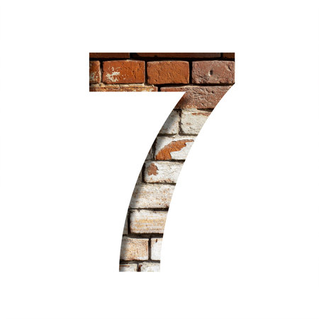 Brick font. Number seven, 7 on the background of an old brick wall with peeled paint. Decorative font from old brickwork.の写真素材