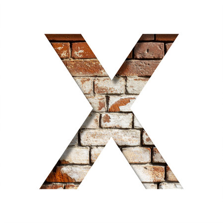 Brick font. The letter X on the background of an old brick wall with peeled paint. Decorative alphabet from old brickwork.の写真素材
