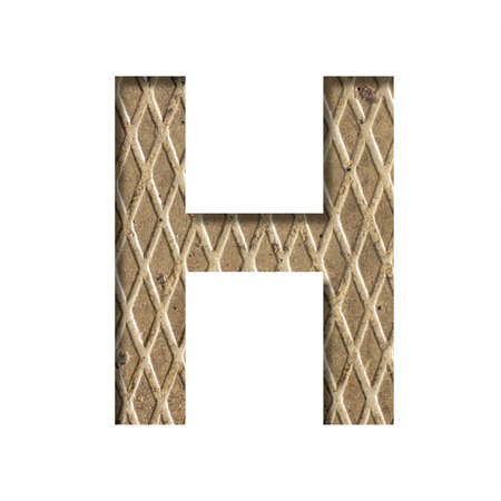 Font on a embossed metal sheet. The letter H is cut out of white paper on the background of a weathered sheet of metal with a relief. Decorative steel alphabet.の写真素材