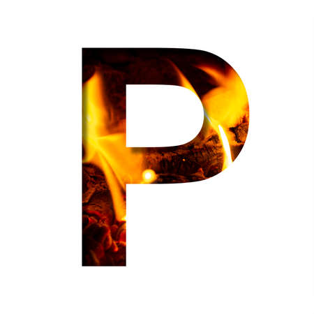 Fiery letter P from white paper on a background of fire in a fireplace or stove, decorative alphabetの写真素材