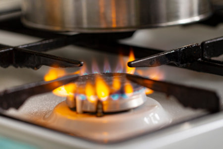 Gas kitchen stove with fire close-up, gas cost concept for household.