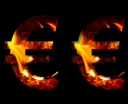 Euro money business symbol made from fire and burning wood on a black background, a double version of the alphabet for decorative signatures.の写真素材