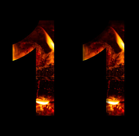 The number one, 1 made from fire and burning wood on a black background, a double version of the...