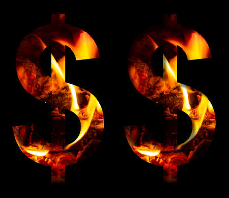 Dollar money business symbol made from fire and burning wood on a black background, a double version of the alphabet for decorative signatures.の写真素材