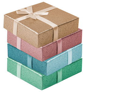 Stack of colored boxes with gifts isolated on white, mockup for advertising banner or flyer, sale...
