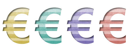 Euro money business symbol is cut out of white paper on a background of colored blinds, alphabet, decorative office font.の写真素材