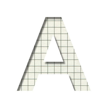 Letter A cut out of white paper on the background of a school notebook in a cage, a school or...
