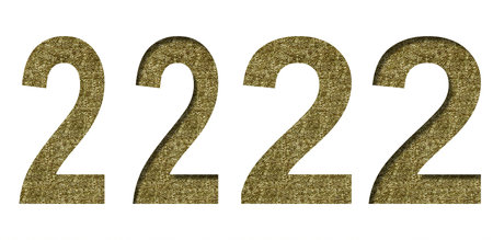 Golden number 2, two cut out of white paper on the backdrop of a pattern of gold threads, decorative...