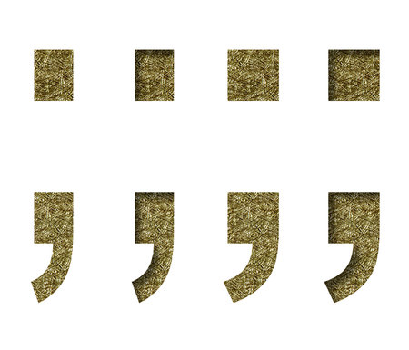 Golden punctuation marks dot and comma cut out of white paper on the backdrop of a pattern of gold...
