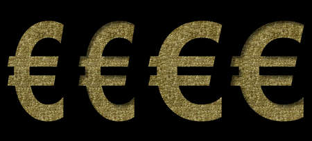 Golden euro money business symbol cut out of black paper on the backdrop of a pattern of gold threads, decorative font.の写真素材