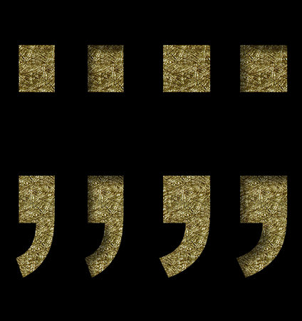 Golden punctuation marks dot and comma cut out of black paper on the backdrop of a pattern of gold...