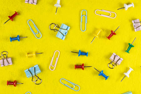 Stationery pattern on yellow, top view, flat layの写真素材
