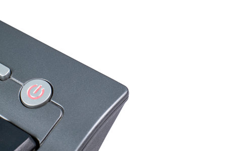 Power button on a computer keyboard close-up, space for text, copy space.