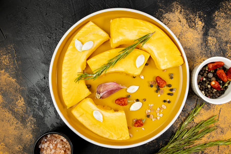Seasoned slices of fresh pumpkin on a plate, raw pumpkin with spices top viewの写真素材