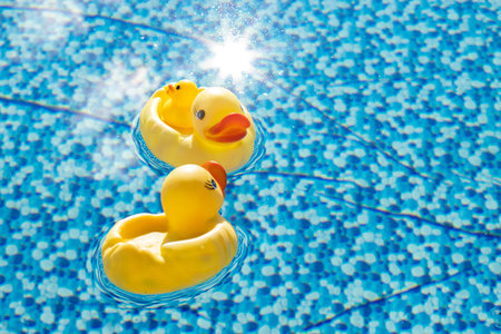 duck toys in the pool on a beautiful blue background, seed rest concept, yellow ducks in the pool,...