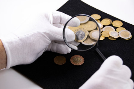 An expert or collector examines coins through a magnifying glass, collection business conceptの写真素材
