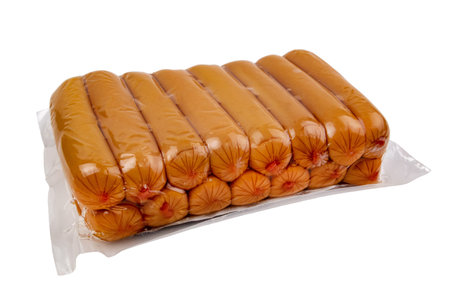 Sausages in packaging on white isolate, natural grilled sausagesの写真素材