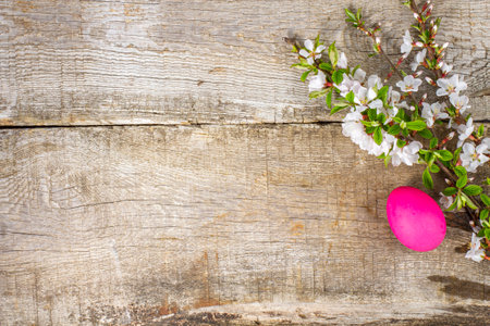 Easter composition with branches of spring flowers and an Easter egg on a rustic background, top view, flat lay, copy space.の写真素材