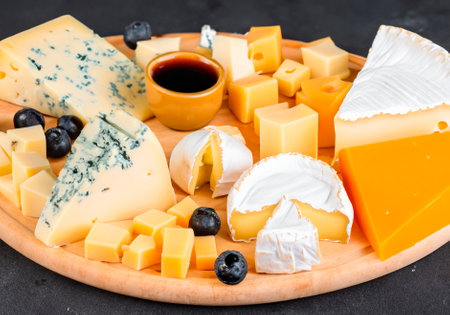 An assortment of cheeses displayed artistically on a wooden board includes creamy, blue, and aged varieties accompanied by fresh blueberries and a small bowl of syrup for pairing.の素材