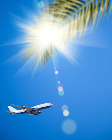Airplane flying in blue sky  Vacations concept