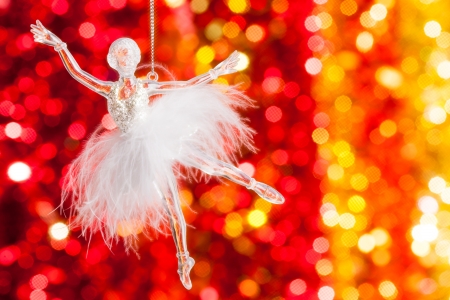 Christmas tree decoration against blurred lights backgroundの写真素材